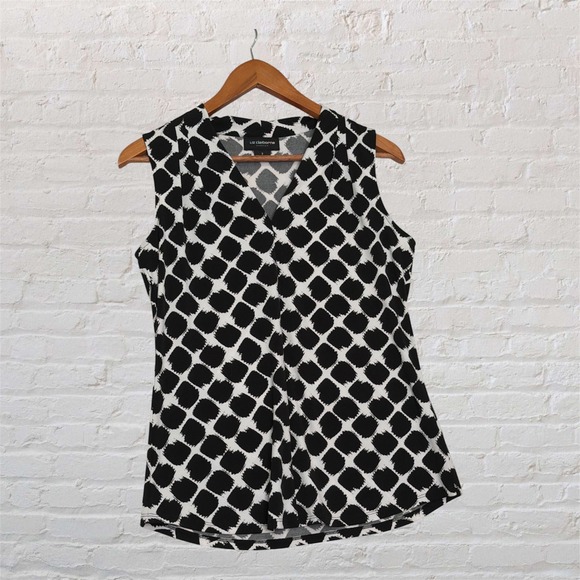 Liz Claiborne Tops - Liz Claiborne Career Womens Small Black White Geometric V-Neck Sleeveless Blouse